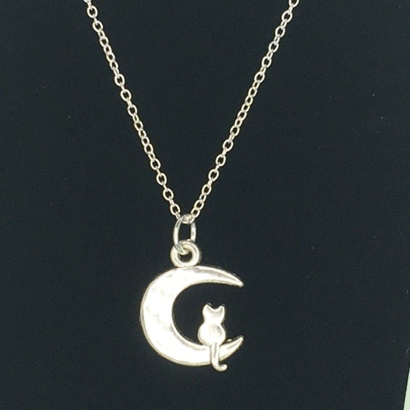 SILVER Plate Chain Kitty on Quarter Moon Necklace Hand-Crafted - Picture 1 of 7